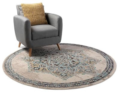benuta Nest Vintage Teppich Casa - Beige/Türkis 120 cm Rund - Teppich für Wohnzimmer, Schlafzimmer und Flur - Pflegeleicht - Fußbodenheizung Geeignet