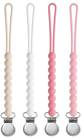 Pacifier Clip for Boys Girls - MORIBOX 4 Pack Paci Clip Soothie Baby Binky Holder for Shower Gift Birthday (Beige+White+Pink+Dpink)