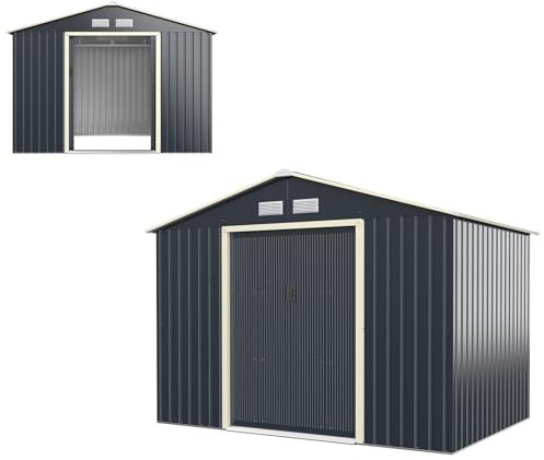 HOMASIS Abri de Jardin en Métal Avec Toit à Pignon, 4 Fenêtres d'Aération et 2 Portes Coulissantes