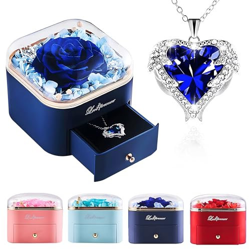 YISONHO Ewige Rose Mit Einer Halskette, Eine Wahre Infinity Rose, Konservierte Rose Ewige Blume Geschenke für Mutter, Ein Geschenk für Paare(Blaue Rose)