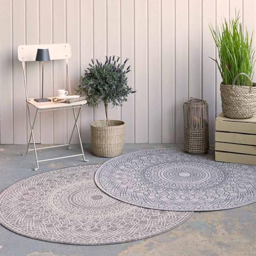 Knutzen Wohnen Palma In- & Outdoor Teppich Rund wetterfest Ø 120 cm Beige - Boho Teppich - Mandala Teppich - dekoratives Element für den Innen- oder Außenbereich
