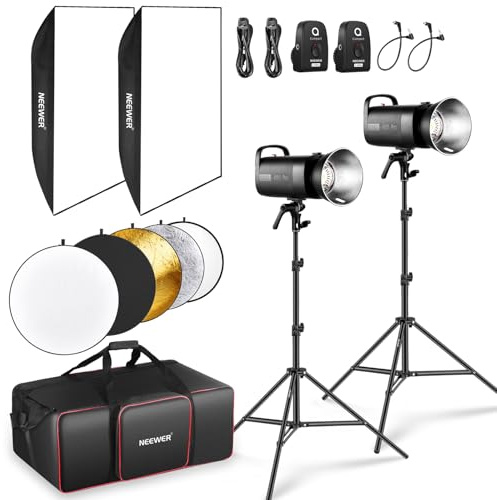Neewer S102-400W PRO Flash Lighting Kit (2 Pack) with 2x 2.4G Trigger, 2x Photography Light Stand, 2x Softbox, 5 in 1 Reflector, Bag, 400Ws GN62 5600K 30W LED Modeling Lamp Bowens Mount Silent Fan