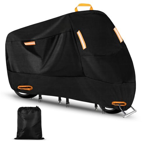 Motorcycle Cover, Waterproof Outdoor Motorbike Cover, 420D Oxford Cloth Protective Cover with Lock Holes, Reflective Strips, Windproof Buckles, Protection Motorbike Scooter Cover (96.5x41.3x49.2 in)