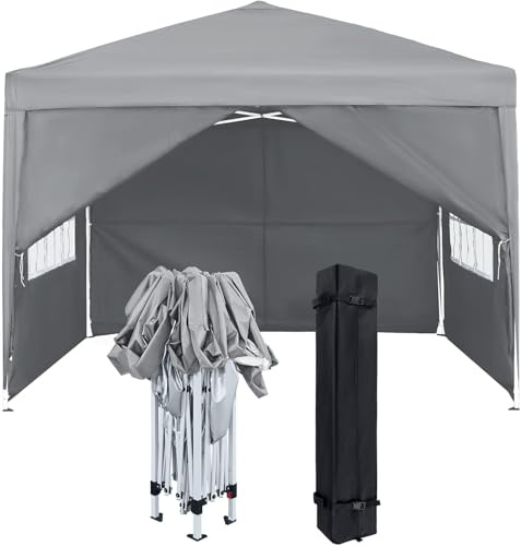 FIVMEN Vikbar paviljong 2,5 x 2,5 m med sidopaneler och fönster och bärväska, av polyester, UV-skydd, vattentät, vindtät, utomhus, typ C (grå)