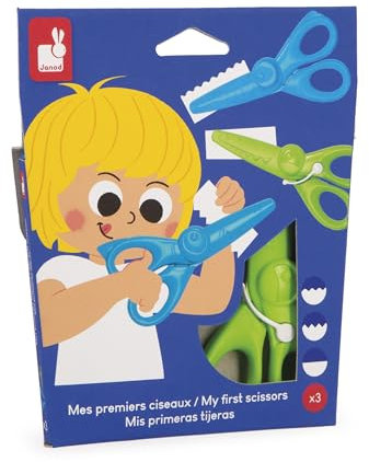 Janod Set de 3 Pares de Tijeras con 3 Formas de Corte-Puntas Redondeadas de Seguridad-Cuchillas de plástico-Ideal para Manualidades-para niños a Partir de 3 años-J07405, Multicolor (JURATOYS J07405)