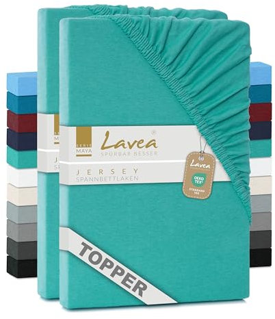 2er Set Lavea Topper Spannbettlaken - Spannbetttuch Jersey Topper Serie Maya, 180x200cm | 200x200cm, Türkis, 100% Baumwolle, hochwertige Verarbeitung, mit Gummizug