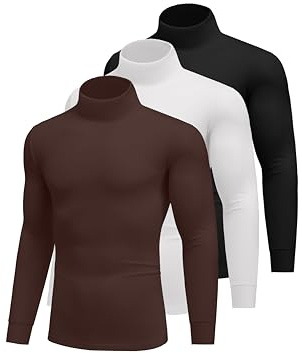 Ekouaer 3pcs Camiseta Interior térmica de Invierno para Hombre Camiseta de Manga Larga con Cuello Alto Negro+Blanco+Marrón L