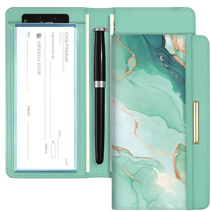 UNICRAFTALE Housse De Chéquier en Similicuir 18x10,5cm Motif Marbre avec Doubles Chèques Porte Stylo Et Fentes Cartes Protection RFID pour Chéquiers Personnels Et Professionnels