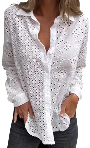 Camisas bordadas de encaje hueco para mujer, cuello en V, manga larga, con botones, para mujer, a la moda, elegante, holgada, casual, blanco, XXL