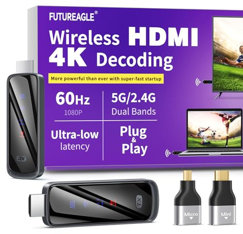 FUTUREAGLE Wireless HDMI Transmitter and Receiver 328FT/100M,4K Decode Plug & Play Portable 5G+2.4G Wireless Display Adapter Extender Kit for Video and Audio to Monitor