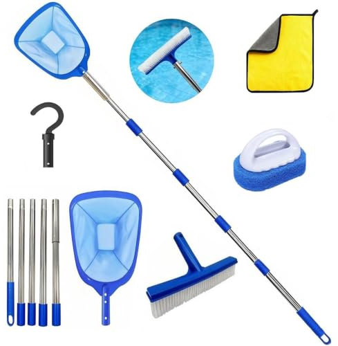 Retino per piscina con asta telescopica, lunghezza 220 cm, retino per laghetto a maglia fine, retino per piscina a maglia fine, retino per foglie con spazzola per piscina, set di pulizia per piscina
