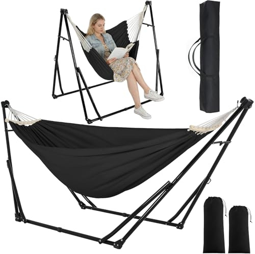 Clevich Amaca con struttura, amaca per esterni, pieghevole, regolabile, stabile, 231 x 89 cm, fino a 200 kg, per giardino, balcone, campeggio, interno, borsa per il trasporto, multicolore (nero)