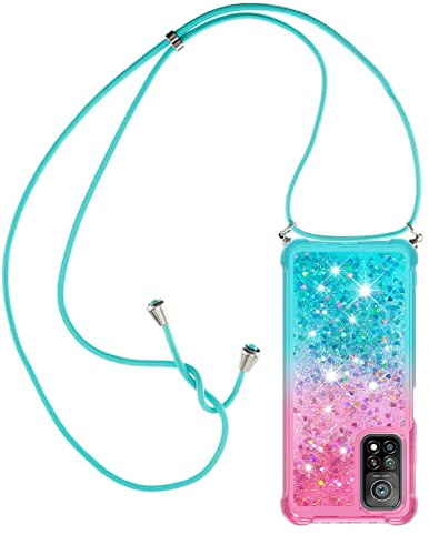 Paekear Halsband för Xiaomi Mi 10T / 10T Pro silikonskal, flytande glitter flickor kvinnor fodral, axelgnista och snodd halsband med justerbar snodd ficka, rosa och blå