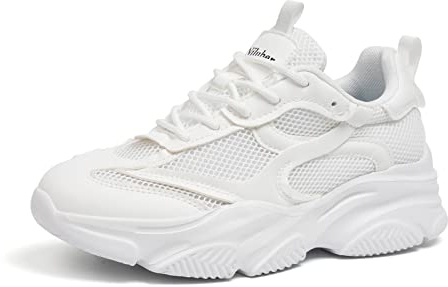 Niluber Women's Chunky Platform Sneakers-Slip On Breathable Running Shoes-Lightweight Glitter Rhinestone White Black Sneakers(White,10)