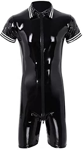 Maeau Catsuit für Herren, Lederanzug, Latex-Body, glänzendes Kunstleder, Nachtwäsche, Wet-Look, Gymnastikanzug, Schwarz, Schwarz , XL