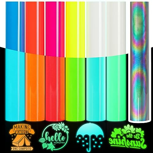 IModeur 6 Pack PU Heat Transfer Vinyl Glow in The Dark with 1 Pack Reflective HTV - 30.5 x 25.4 cm Iron on Vinyl for Silhouette Cameo Shirt, Clothes, Hats