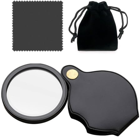 Lupa de bolsillo pequeña de 15 aumentos, con 1 paño de limpieza y 1 bolsa de almacenamiento negra, lupa de lectura plegable, lupa portátil con funda protectora, para leer libros, periódicos, mapas,