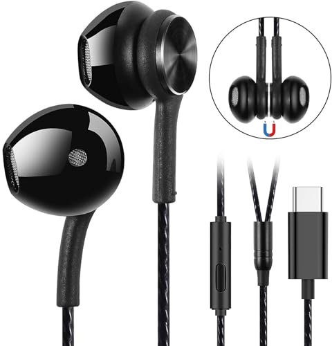 GUUVOR Auriculares USB Tipo C, HiFi Estéreo con Micrófono, con Cable Magnéticos, para iPhone 15, iPad Pro 2021/2022, Huawei P50/40, Samsung con Interfaz Tipo C - Negro