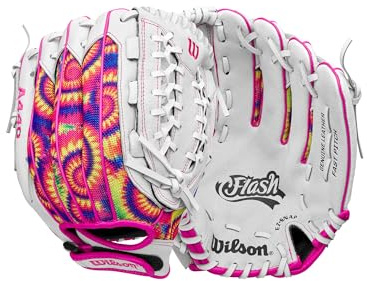 WILSON A440 Guante de sóftbol Juvenil Outfield, Unisex-Adolescente, Blanco/Rosa/teñido Anudado, 12