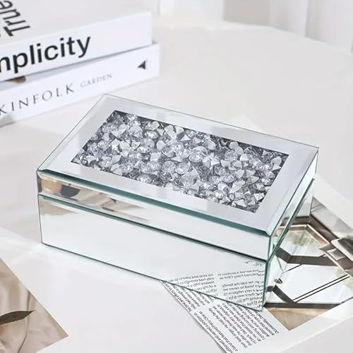 SERENA'S ® Silver Crushed Diamante Mirrored Glass Jewellery Box Makeup Organiser Storage Cosmetic Storage Box, Organizer Skin Care Products, Cosmetic Storage Box Gift for Birthday, Wedding