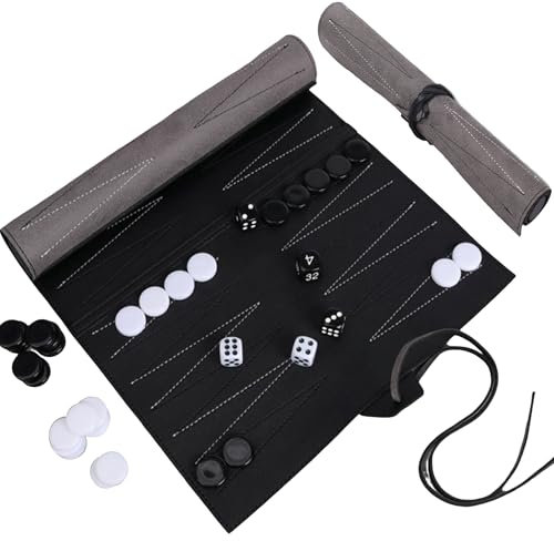 CXAFQ Tragbares Reise Backgammon Set, Hergestellt Aus Kunstleder, Klassisches Brettspiel, Schwarz Und Weiß, 25.5 * 34.5cm, Aufrollbar