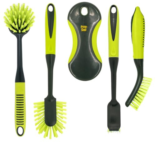 Pine-Sol Scrub Brush Set - Long Handle Cleaning Brushes with Heavy Duty Bristles and Comfort Grip - Scrubbers for Kitchen, Household, and Dishwashing, 5 Pieces