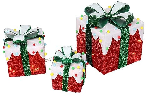 LEADZM Deco Exterieur Noel - LED Décoration Lumière Boîtes Cadeaux - Ensemble de 3 Décoration de Noël (Rouge)