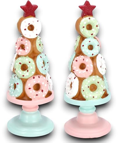 Alberello di Natale Decorativo in Ceramica ROSA 30 cm, Albero Pan di Zenzero, Stile Candy Shop Natalizio Candy Cane, Ciambelline decori Glitter, Decorazione Natalizia con scatola idea regalo.
