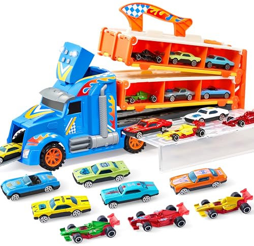 JOYIN Transporter Truck Jouets pour Enfant 3, 4, 5, 6 Ans Garçons, 12 Véhicules Jouets en Métal moulé sous Pression avec 2 lanceurs, Voiture Course Rue Pliable avec lumières et Sons comme Cadeau