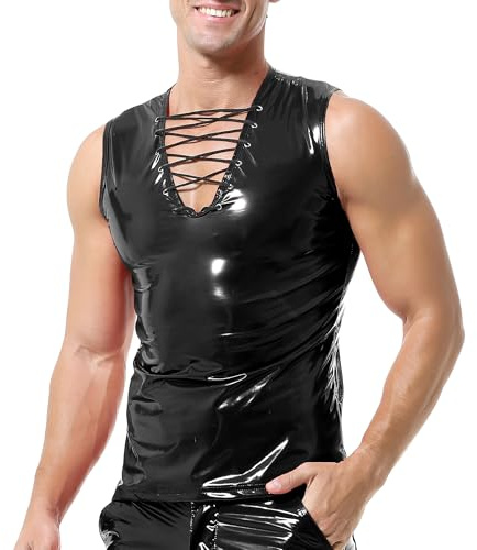 Chaleco sin Mangas de Piel Sintética para Hombres - Estilo Wet Look con Cordón en V