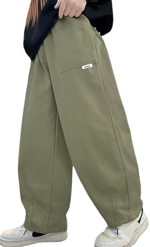 Happy Cherry - Pantaloni cargo baggy per ragazzi adolescenti, pantaloni lunghi in cotone, con vita elasticizzata, per bambini, pantaloni da tempo libero, streetwear, gamba larga con grandi tasche per