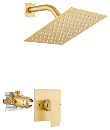 Shower Juego de grifo de ducha de níquel cepillado, de ducha tipo lluvia de acero inoxidable SUS304, cabezal de ducha cuadrado de 8 pulgadas, función única, manija única con válvula empotrada, kit de