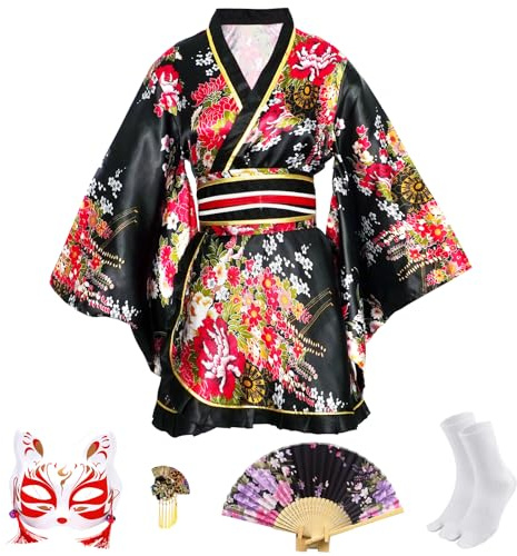 CRFASIBE 5 Piezas Kimono Mujer Corto con Estampado Floral, Inspirado en el Yukata Japonés con Accesorios, Conjunto Completo para Cosplay, Fiesta, Carnaval(Estilo A-Negro