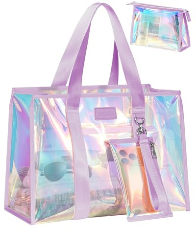 DSDCDJ Sac de Plage Femme, Grand Sac de Plage avec Trousse de Toilette et Pochette Étanche Smartphone, Cabas Plage Pliable Imperméable, Idéal pour la Plage, les Voyages et un Usage Quotidien - Violet