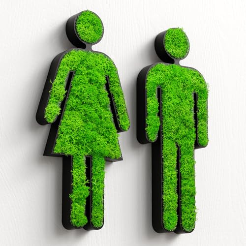 MOOSWERK WC dörrskylt kvinna och man med äkta mossa | självhäftande toalettskylt för gästtoalett, unisex toalett och badrum i svart | naturlig mossbild dörrdekoration utan borrning