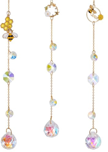 OLYCRAFT 3pz Acchiappasole In Cristallo A Forma di Nido D'Ape Acchiappasole A Forma di Sfera di Cristallo Acchiappasoli A Forme di Arcobaleno con Catena e Gancio per Giardino Casa Finestre Ornamenti