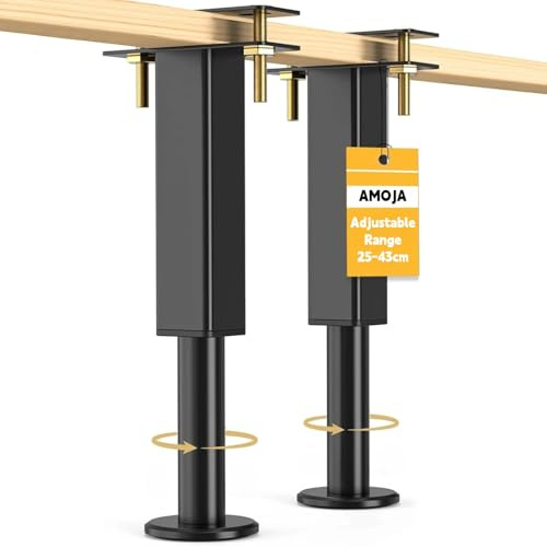 AMOJA Juego de 2 patas de cama ajustables de 25 a 43 cm, patas de soporte de cama ajustables, pies de metal resistentes con base de goma, pie de apoyo para vigas centrales de cama y somier King Queen