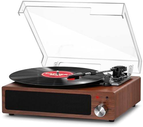 Giradischi Vinile, FYDEE Lettore Dischi in Vinile Vintage con 2 Altoparlanti Integrati, 3 Velocità 33/45/78 Giri, Ricevitore Bluetooth, Contrappeso Regolabile, Auto-Stop, RCA/AUX/Cuffie, Mogano