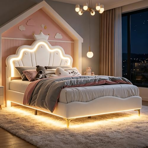 Julyue Vit barnsäng med RGB-LED-lampor, Molnsänggavel med krona, vadderad säng 140 x 190 cm konstläder, vit, justerbar höjd och golvhållare
