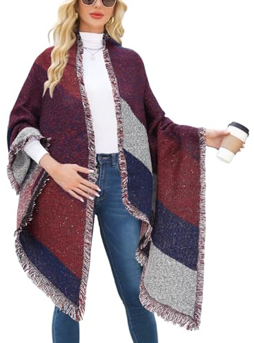 Heekpek® Women Large Oversized Scarf Pashmina Wrap Poncho Thick Style Scarf Patchwork Cape Shawl (Red)(Size: One Size)