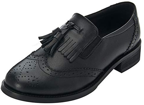 ANUFER Mujer Piel Genuina Borla Mocasines Elegante Brogues Slip-On Zapatos de Salón SN02770 Negro EU38