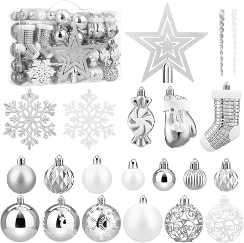 SOLEDI® 128er Set Premium Weihnachtskugeln Kunststoff Silber Weiß mit Baumspitze Stern - Robuste und Sichere Christbaumschmuck Set mit Aufhängen - Christbaumkugeln Bunt, Mehrweg Weihnachtsdeko