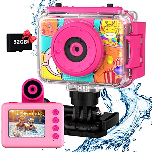 Ushining Appareil Photo Enfant Étanche, Caméra Vidéo d'action sous-Marine Enfant Appareil Photo Selfie Numérique avec Écran 2,0 Pouces Carte TF 32 Go, Cadeau pour Filles Garçons 3-12 Ans, Rose