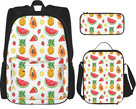 Lawenp Summer Watermelon with Pine School Zaino 3 in 1 Set, Zaino scolastico con astuccio per il pranzo, Zaini Borsa per libri per ragazze adolescenti