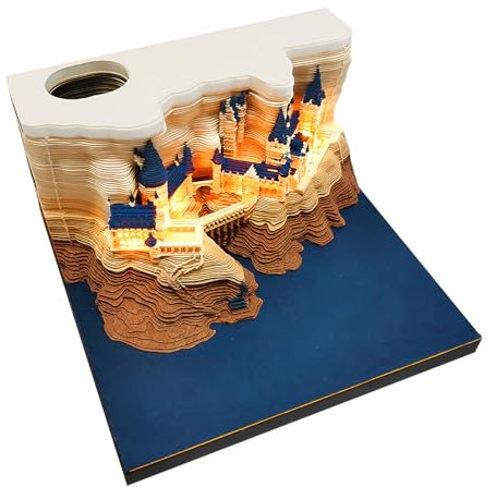 Abreißkalender 2024, Notizblock, Notizblock 2024, 3D-Kalender mit LED-Lichtern, kreative 3D-Schloss-Schreibtischnotizen, Notizblock, Wochenkalender, Postnotizen, DIY, Papierschnitzerei, Kunsthandwerk,