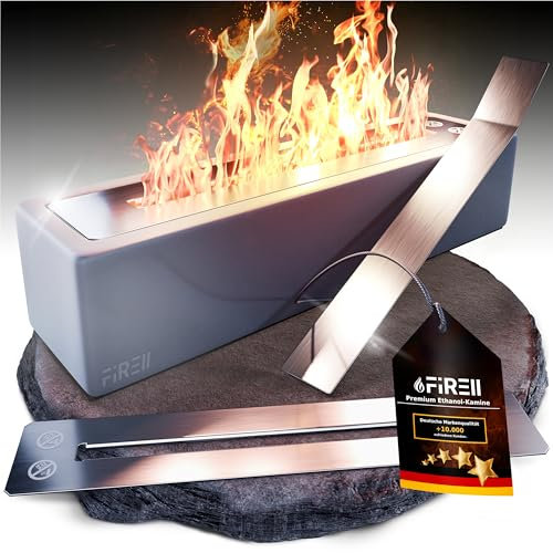 Firell Bioethanol Tischkamin aus Beton - Ethanol Tischfeuer Outdoor 36x10x8 cm - Kamin mit [3h] Brenndauer - Verstellbare Flamme - 4,2kg Sicheres Tisch Kamin Feuer für Garten Balkon Terasse [grau]