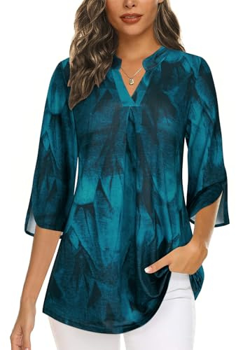 Flikity Womens Tops 3/4 Sleeve Business Casual Tops for Women UK Office Work Wear Dress Shirts Professional Attire Clothes Tunics Tops V Neck Ladies Blouses Peacock Blue Large