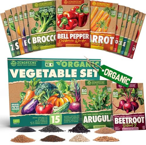 ZenGreens® - Kit de graines de légumes bio - 15 variétés pour une culture facile au jardin, sur le balcon ou dans une jardinière surélevée - Semences potagères