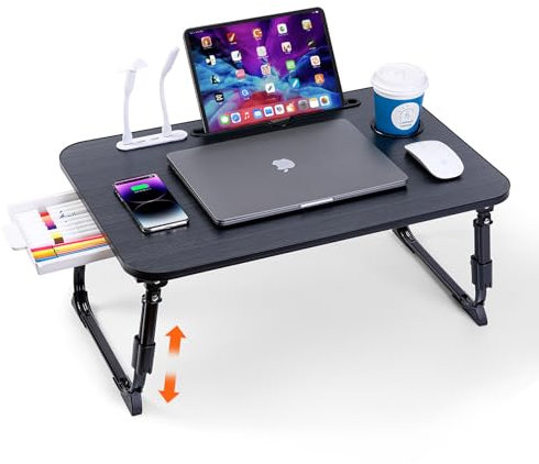Laptop-skrivbord för säng justerbar höjd, bärbart laptop-sängbord med USB-förvaring låda kopphållare, vikbart knäskrivbord frukostbricka för att skriva läsning titta på film soffa golv (svart)