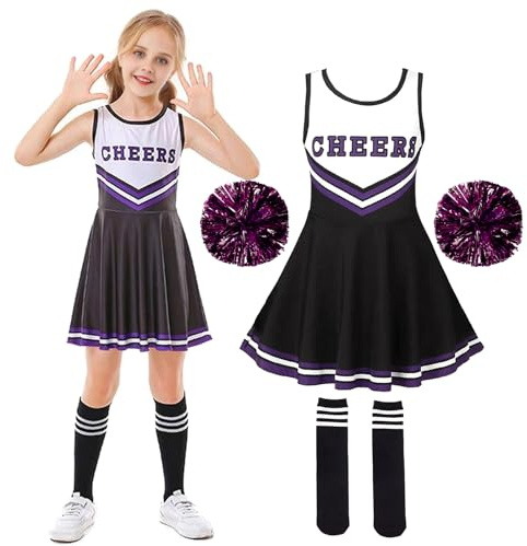XFOZDM Deguisement Pompom Costume Cheerleader Short Deguisement Pompom Avec Pompoms Et Chaussettes Uniforme De Pompom Pour Carnaval Halloween Cosplay Costume， Black 130cm
